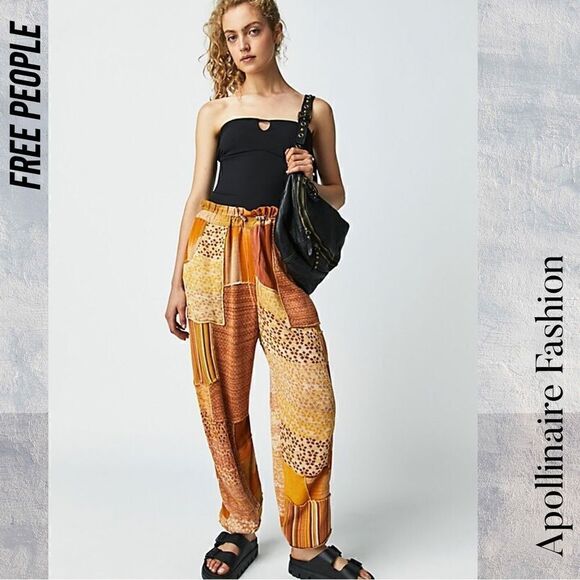 FREE PEOPLE CAMILLE PATCHWORK PANTS IN GOLDEN HOUR COMBO NWT - Picture 3 of 9